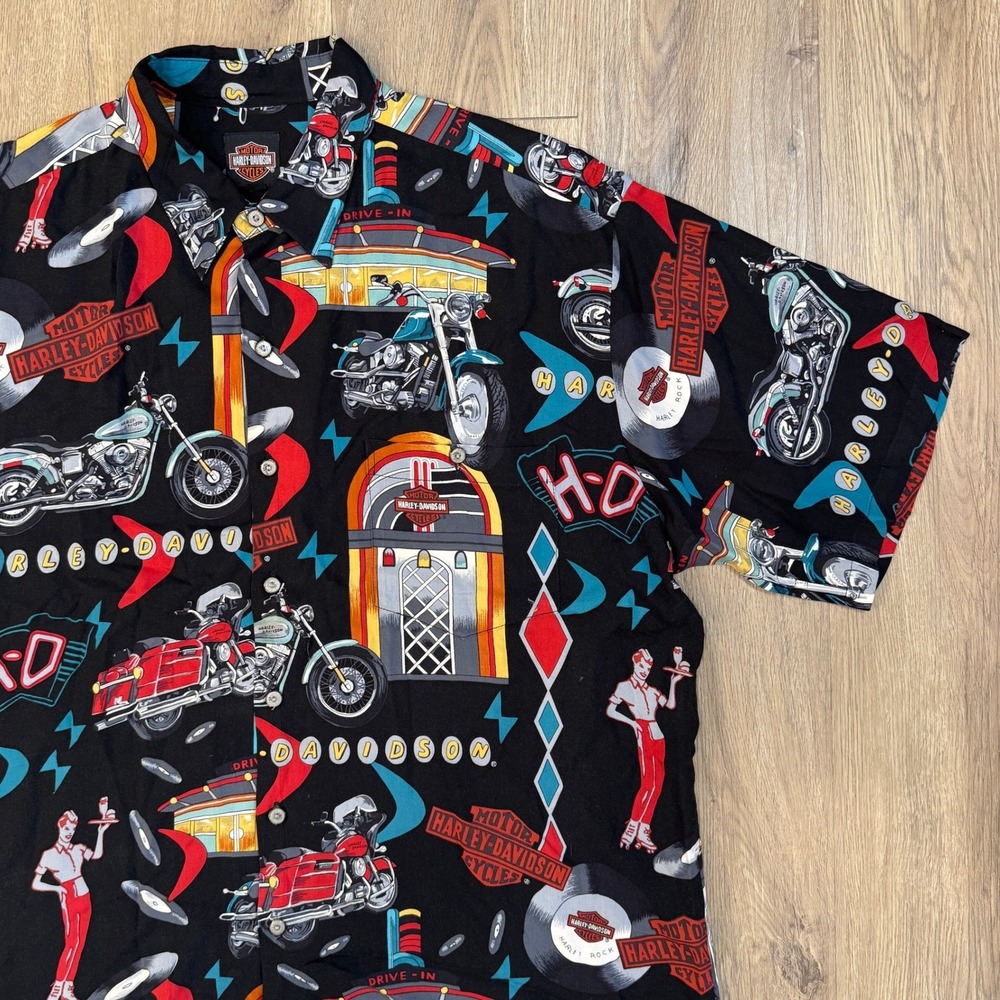 Harley Davidson Retro Diner AOP Mens XL Short Sleeve Button Up Shirt Americana